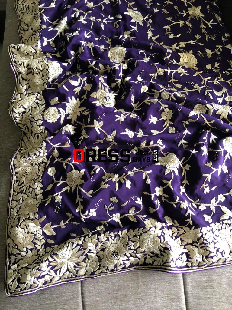 Purple & Ivory Pure Crepe Hand Embroidered Parsi Gara Saree