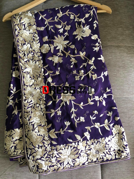 Purple & Ivory Pure Crepe Hand Embroidered Parsi Gara Saree