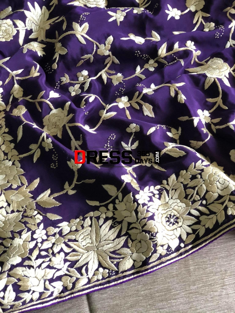 Purple & Ivory Pure Crepe Hand Embroidered Parsi Gara Saree
