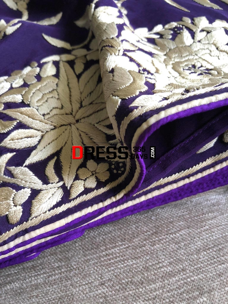 Purple & Ivory Pure Crepe Hand Embroidered Parsi Gara Saree