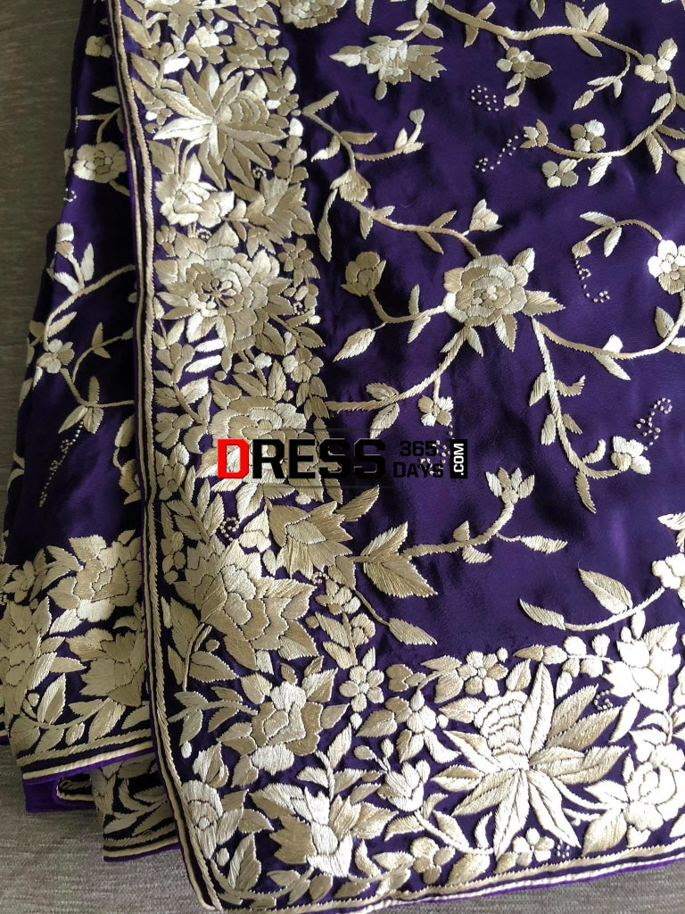 Purple & Ivory Pure Crepe Hand Embroidered Parsi Gara Saree