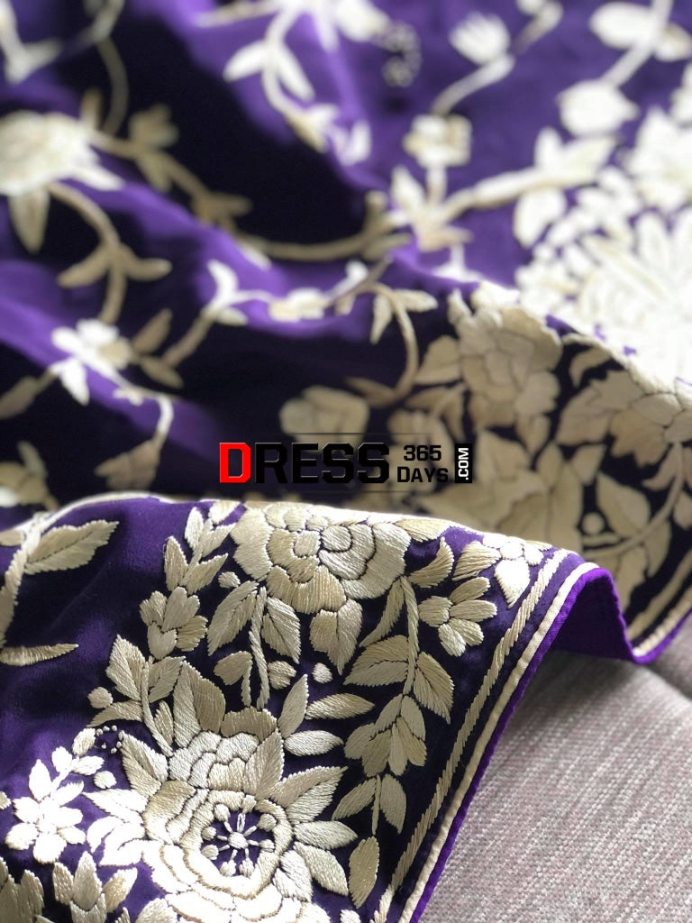 Purple & Ivory Pure Crepe Hand Embroidered Parsi Gara Saree