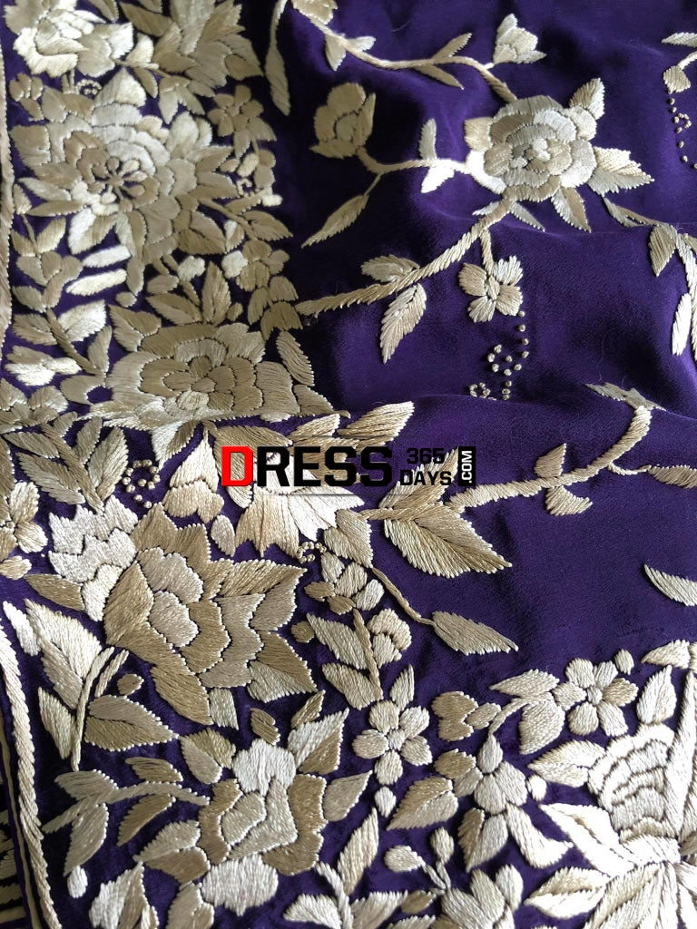 Purple & Ivory Pure Crepe Hand Embroidered Parsi Gara Saree