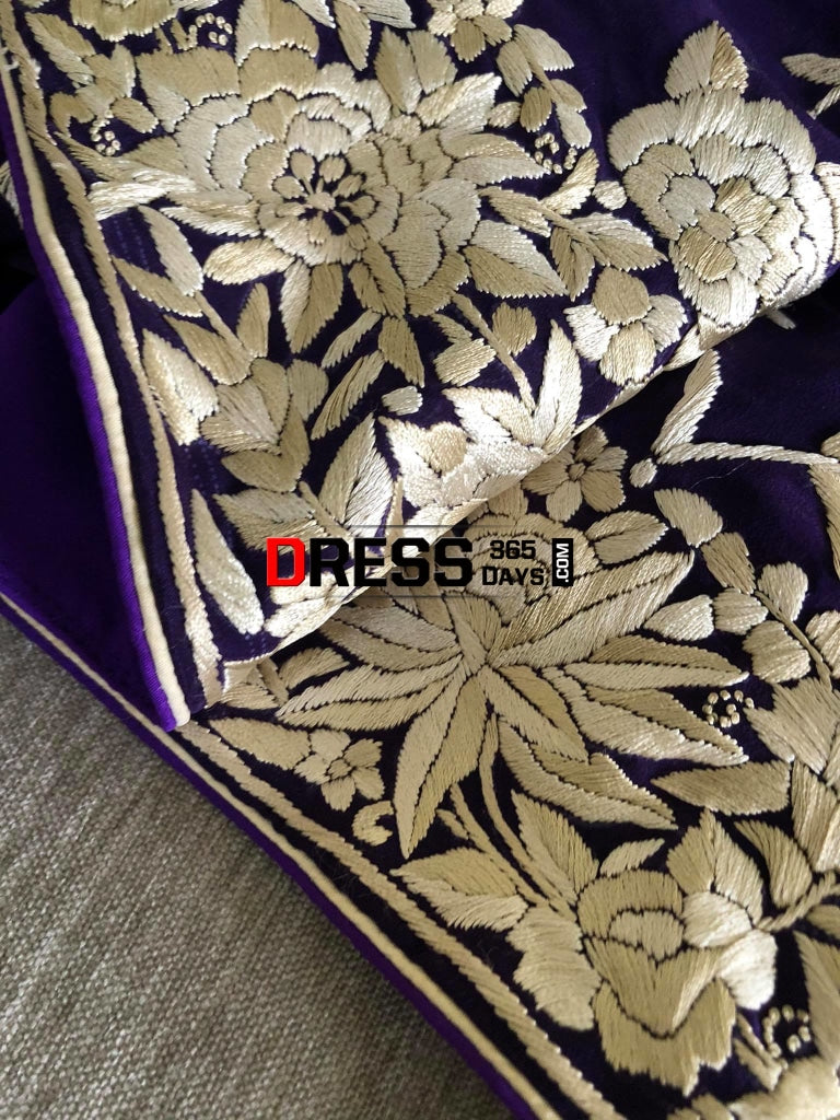 Purple & Ivory Pure Crepe Hand Embroidered Parsi Gara Saree