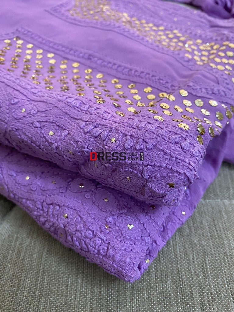 Purple Mukaish Neckline Chikankari Kurta Dupatta Suits