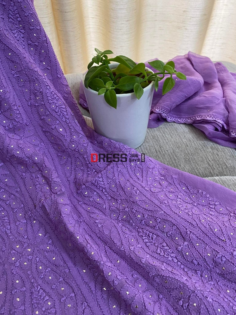 Purple Mukaish Neckline Chikankari Kurta Dupatta Suits