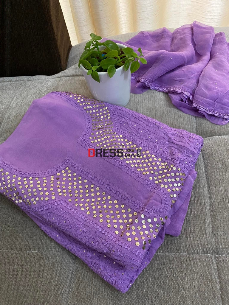 Purple Mukaish Neckline Chikankari Kurta Dupatta Suits