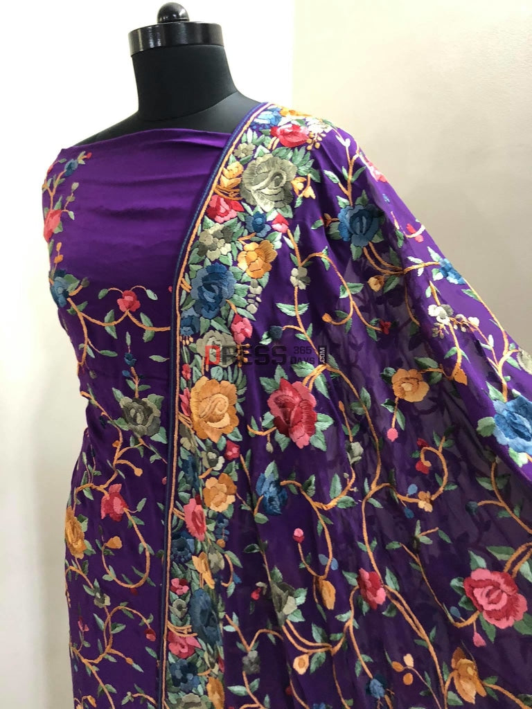 Purple Parsi Gara Suit With Multicolour Embroidery Suits