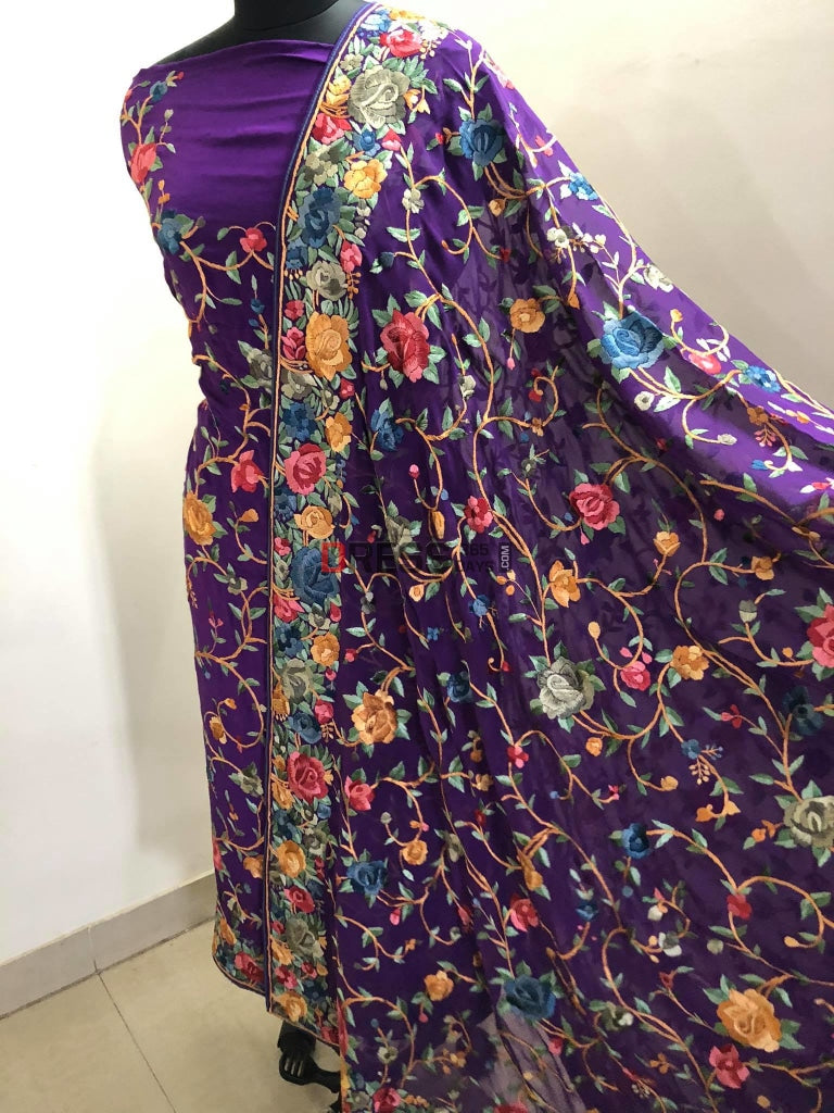 Purple Parsi Gara Suit With Multicolour Embroidery Suits