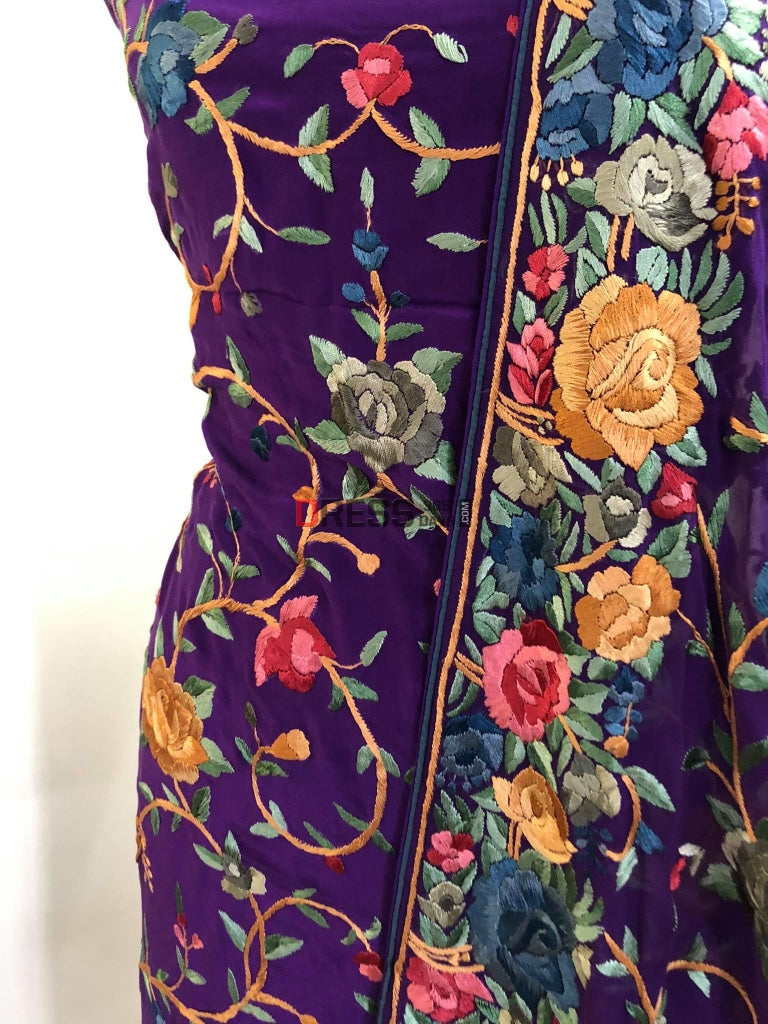 Purple Parsi Gara Suit With Multicolour Embroidery Suits