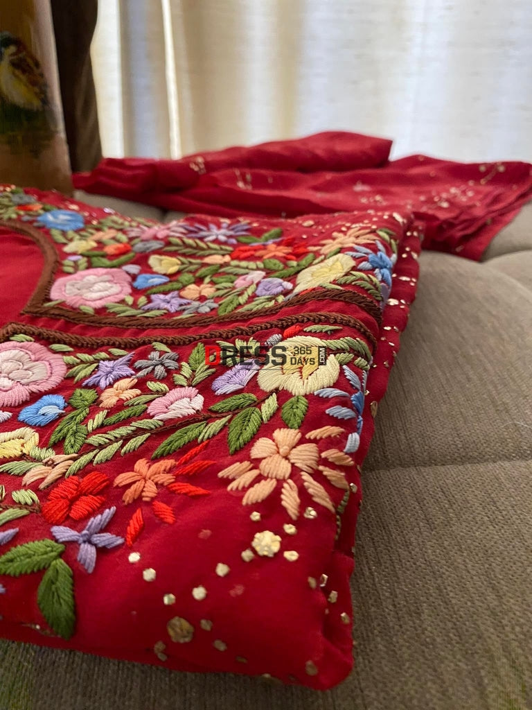 Red All Over Mukaish Parsi Gara Suit- Eid Collection Chikankari Suits