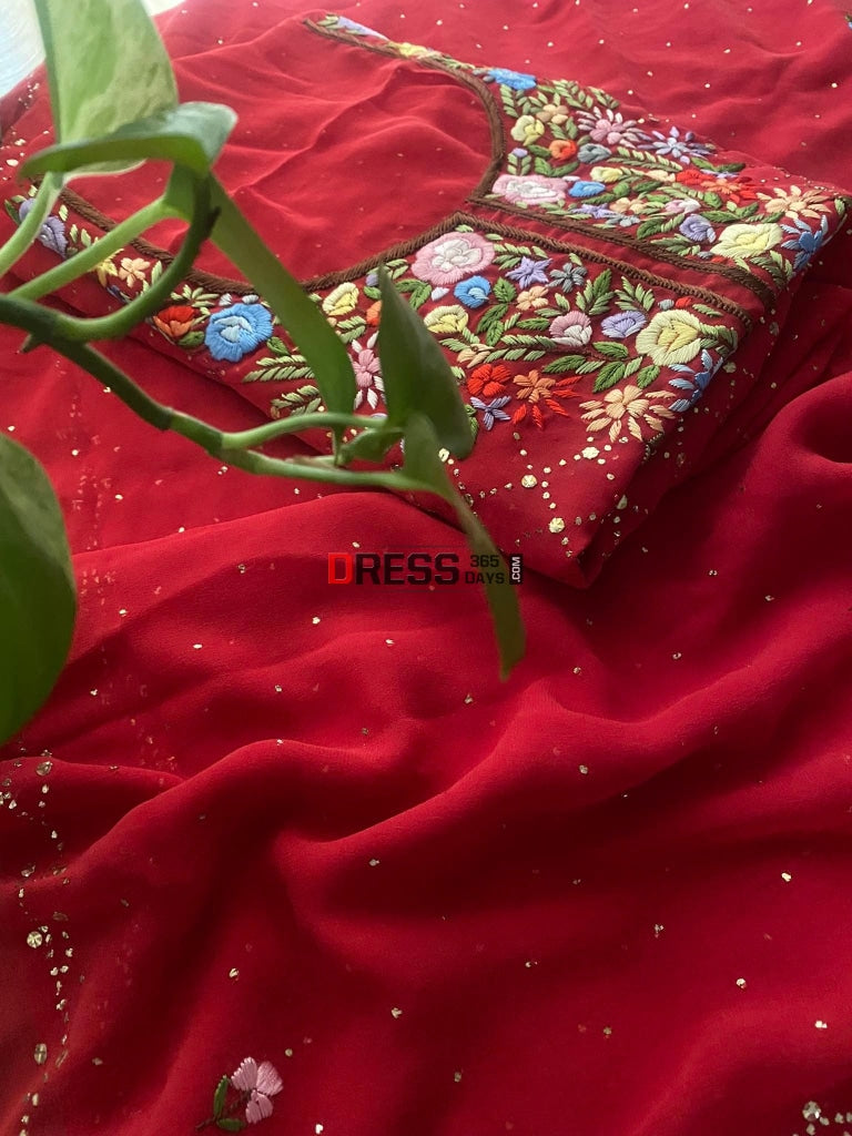 Red All Over Mukaish Parsi Gara Suit- Eid Collection Chikankari Suits