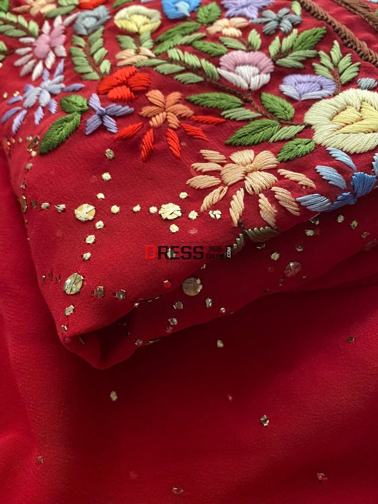 Red All Over Mukaish Parsi Gara Suit- Eid Collection Chikankari Suits