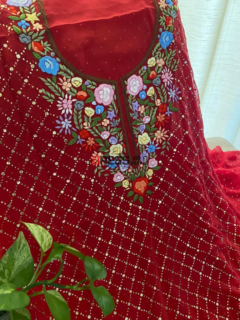 Red All Over Mukaish Parsi Gara Suit- Eid Collection Chikankari Suits