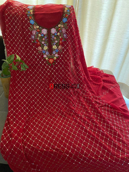 Red All Over Mukaish Parsi Gara Suit- Eid Collection Chikankari Suits