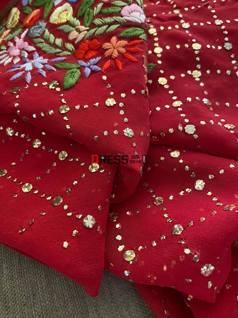Red All Over Mukaish Parsi Gara Suit- Eid Collection Chikankari Suits