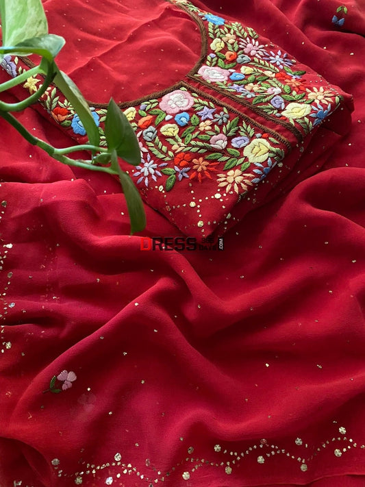 Ankaari - Semi georgette red chikankari suit fabric with... | Facebook