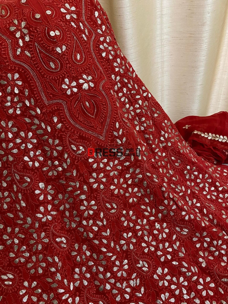 Red Chikankari Gota Patti Kurta Dupatta Set Suits