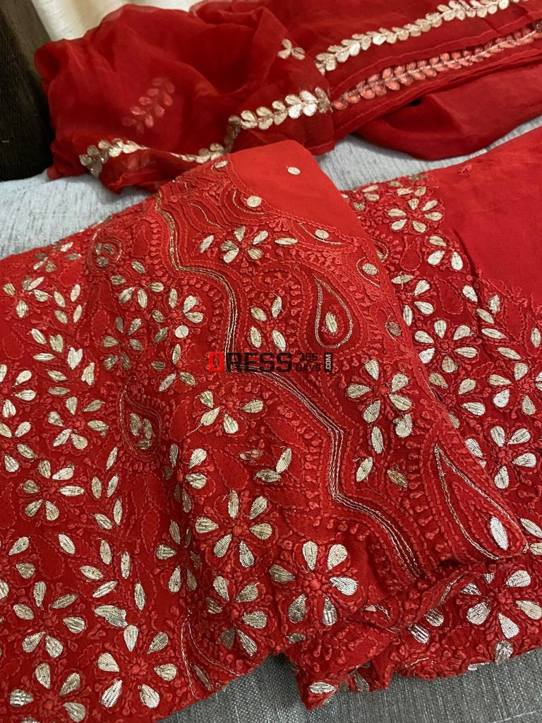 Red Chikankari Gota Patti Kurta Dupatta Set Suits