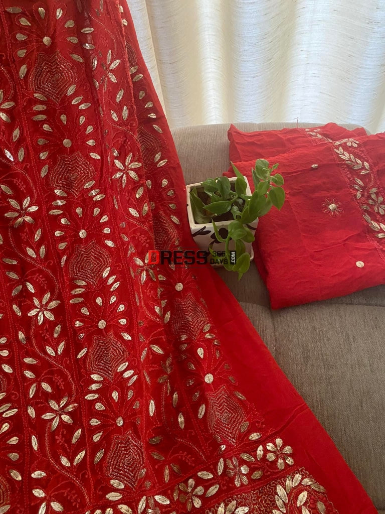 Red Chikankari & Gota Patti Kurta Dupatta Set Suits