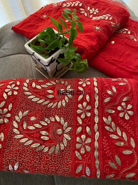 Red Chikankari & Gota Patti Kurta Dupatta Set Suits