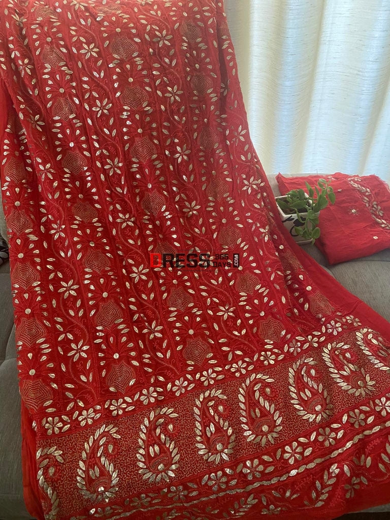 Red Chikankari & Gota Patti Kurta Dupatta Set Suits