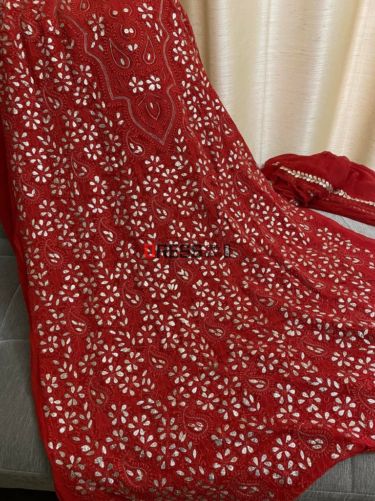 Red Chikankari Gota Patti Kurta Dupatta Set Suits