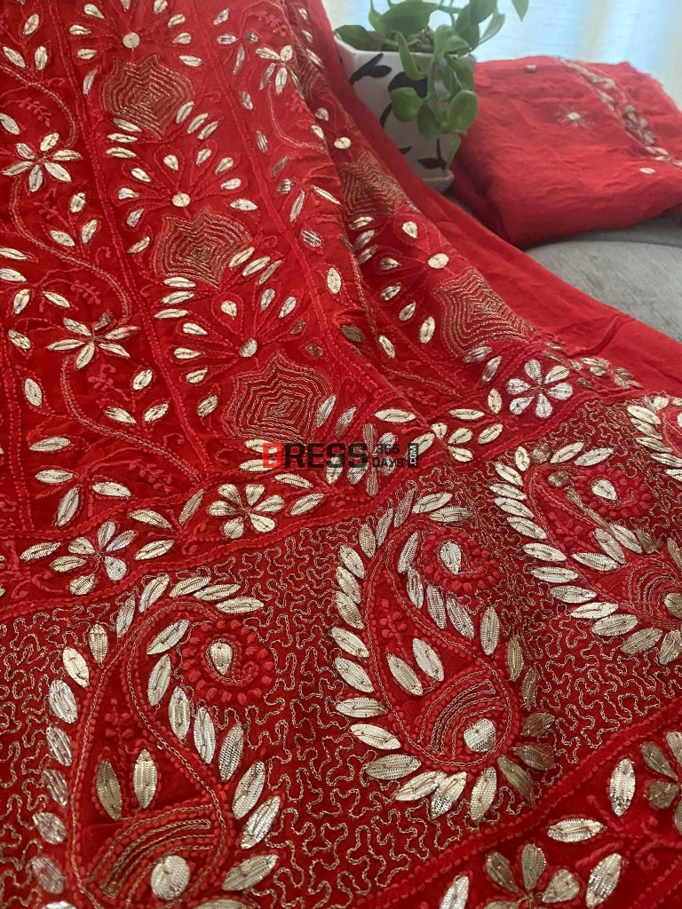 Red Chikankari & Gota Patti Kurta Dupatta Set Suits