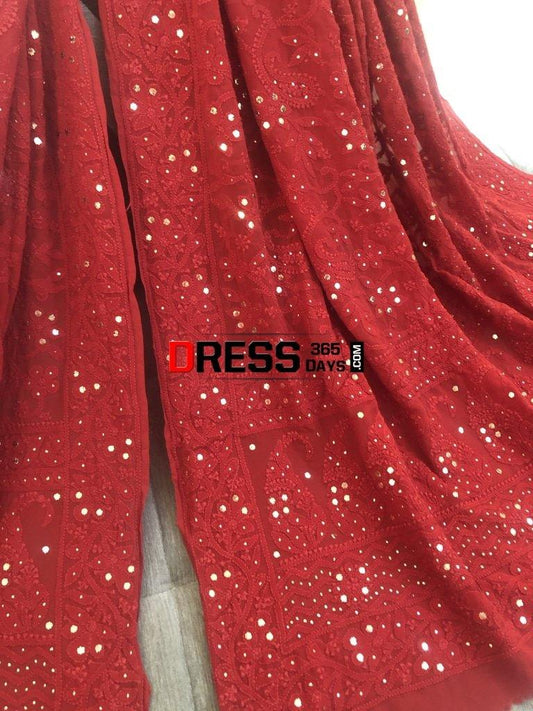 Red Chikankari Kamdani Dupatta