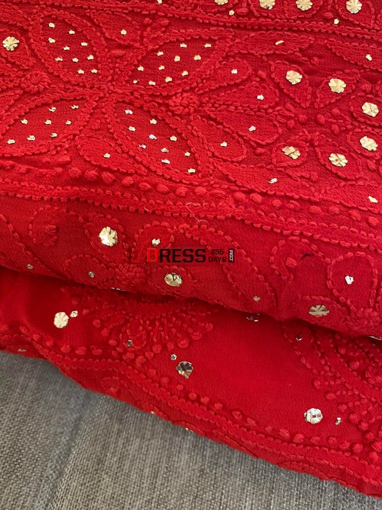 Red Chikankari Kamdani Saree