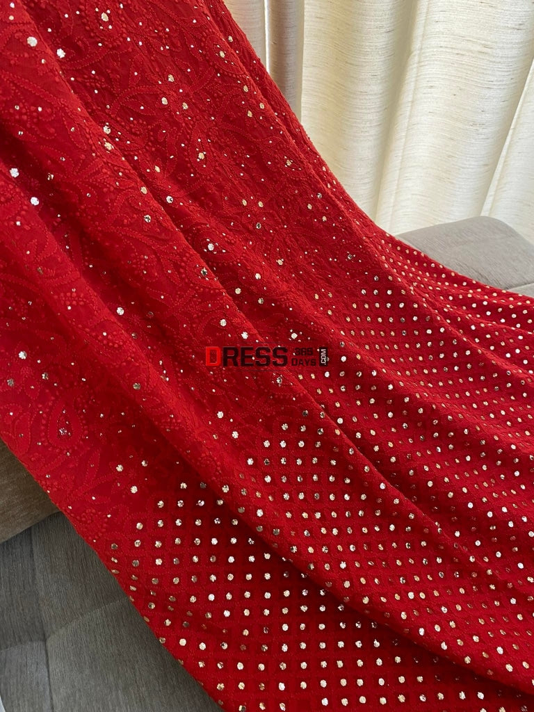 Red Chikankari Kamdani Saree