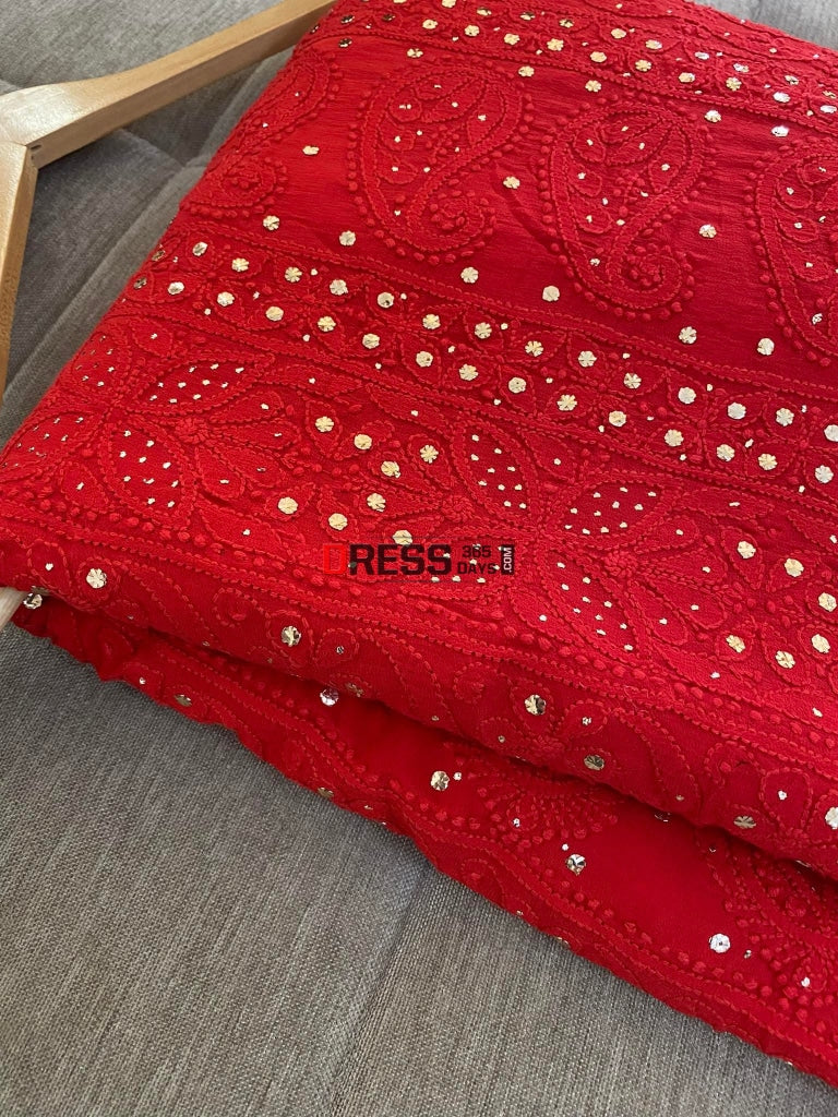 Red Chikankari Kamdani Saree