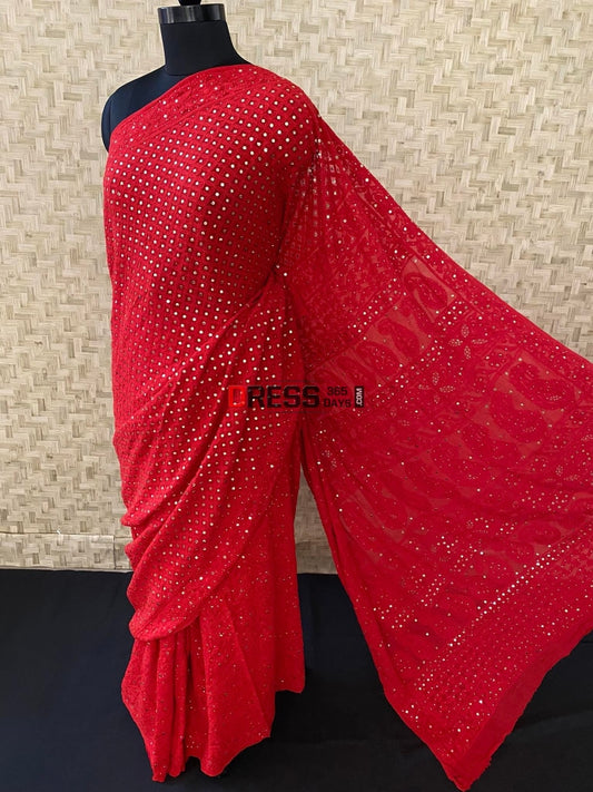 Red Chikankari Kamdani Saree