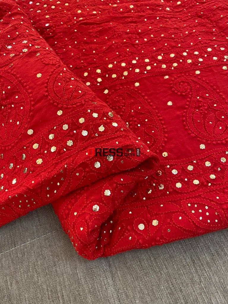 Red Chikankari Kamdani Saree