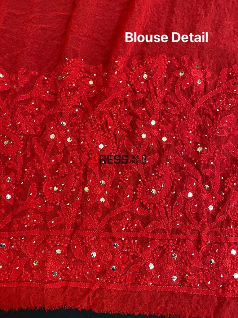 Red Chikankari Kamdani Saree