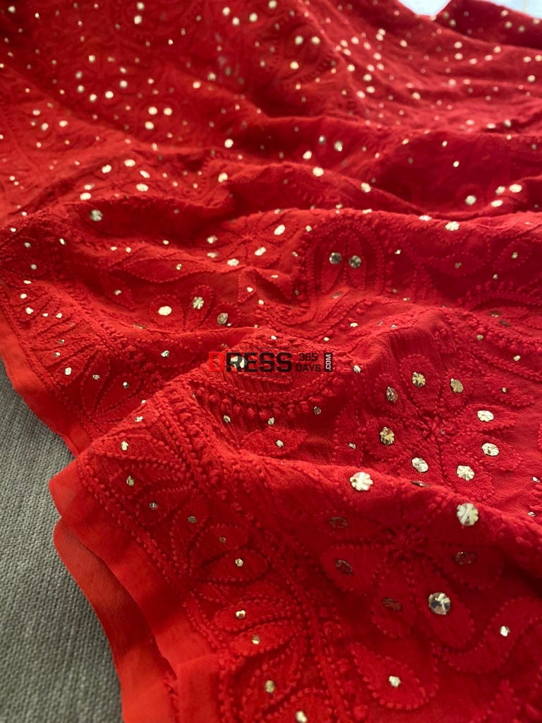 Red Chikankari Mukaish Dupatta