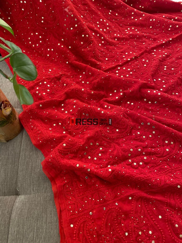 Red Chikankari Mukaish Dupatta