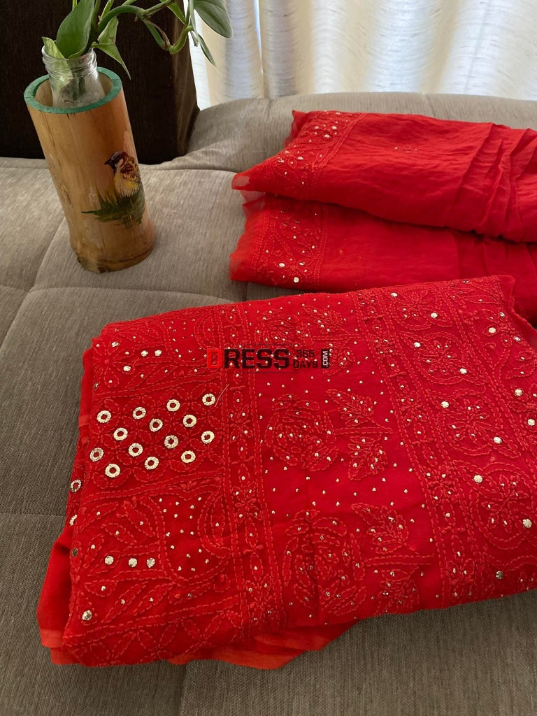 Red Chikankari & Mukaish Kurta Dupatta Set Suits