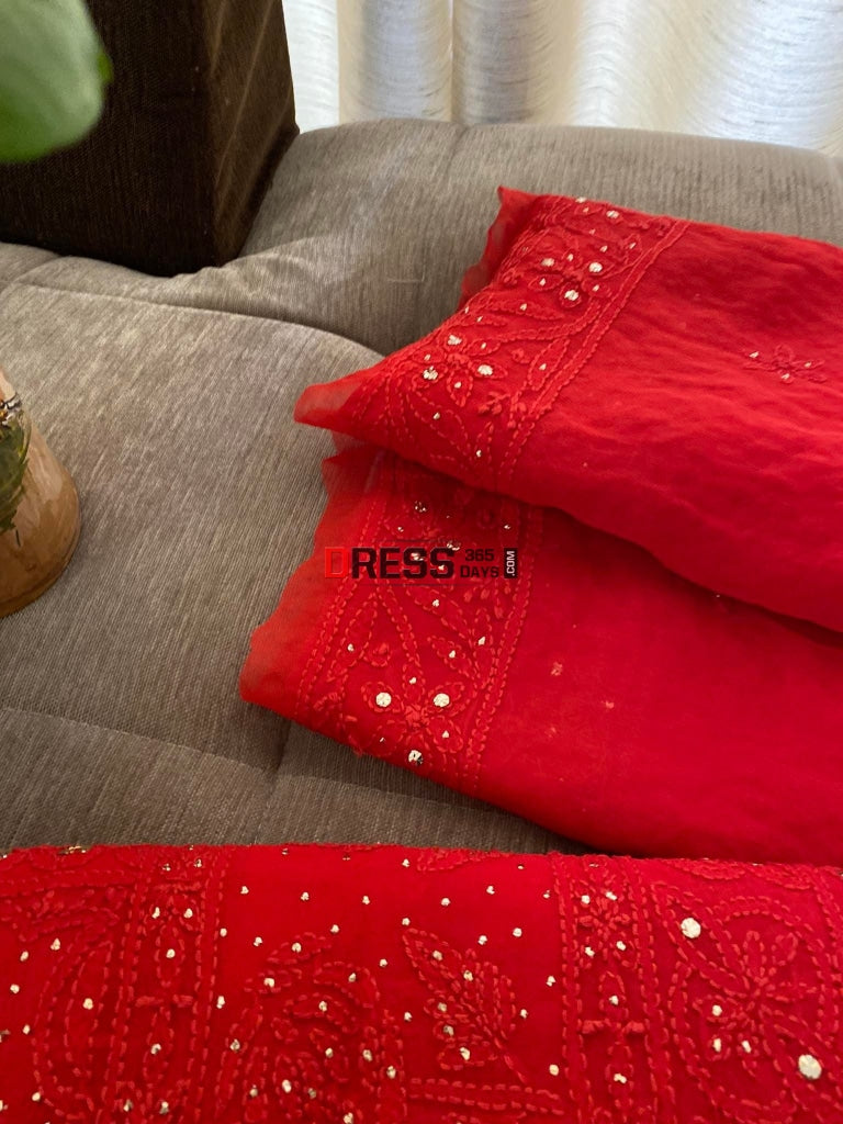 Red Chikankari & Mukaish Kurta Dupatta Set Suits