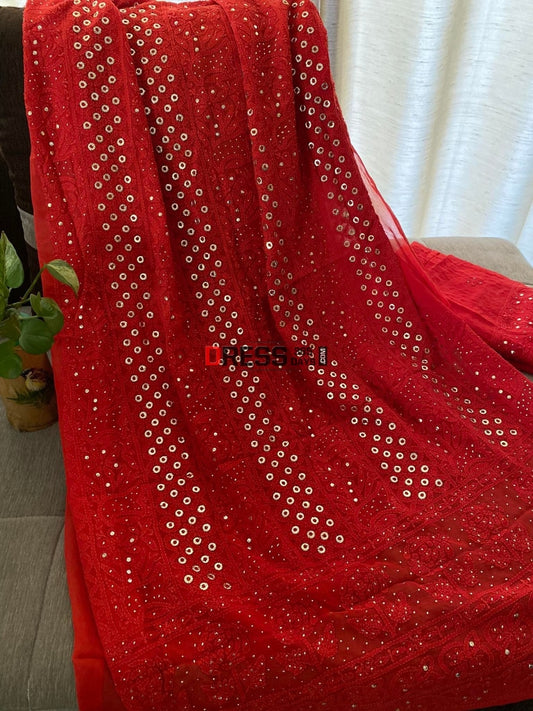 Red Chikankari & Mukaish Kurta Dupatta Set Suits