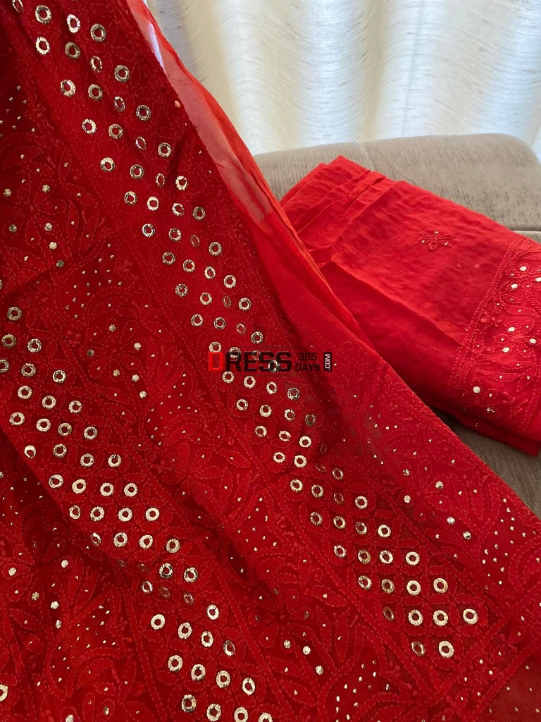 Red Chikankari & Mukaish Kurta Dupatta Set Suits