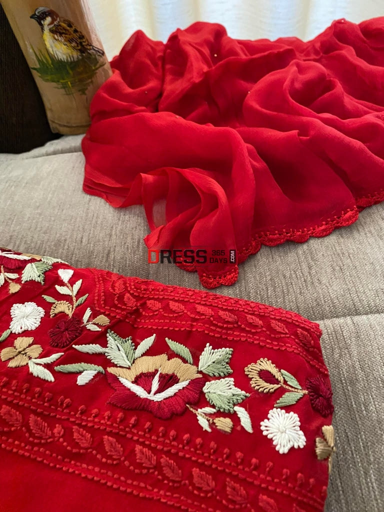 Red Chikankari Parsi Gara Neckline Kurta Dupatta Set Suits