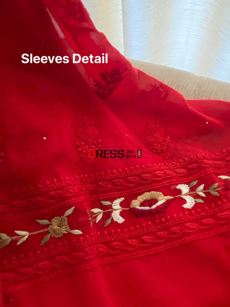 Red Chikankari Parsi Gara Neckline Kurta Dupatta Set Suits