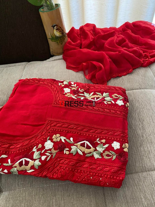 Red Chikankari Parsi Gara Neckline Kurta Dupatta Set Suits