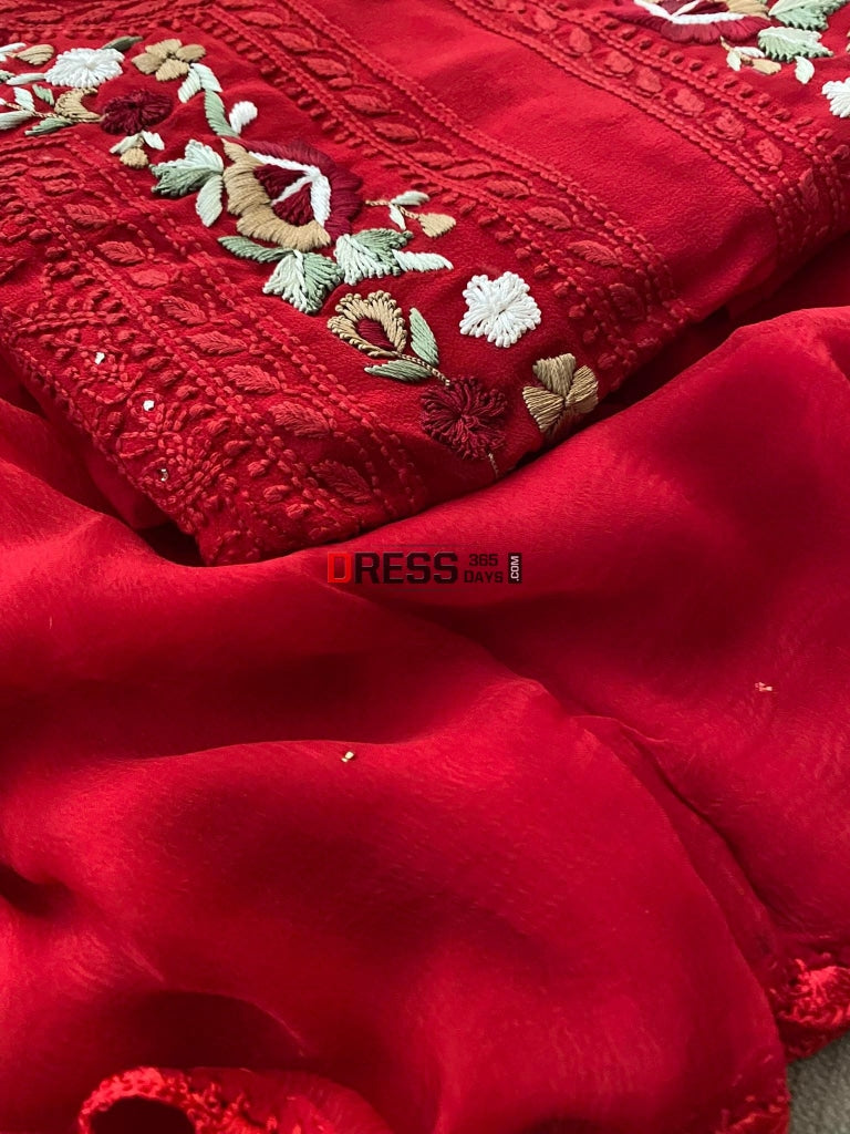 Red Chikankari Parsi Gara Neckline Kurta Dupatta Set Suits