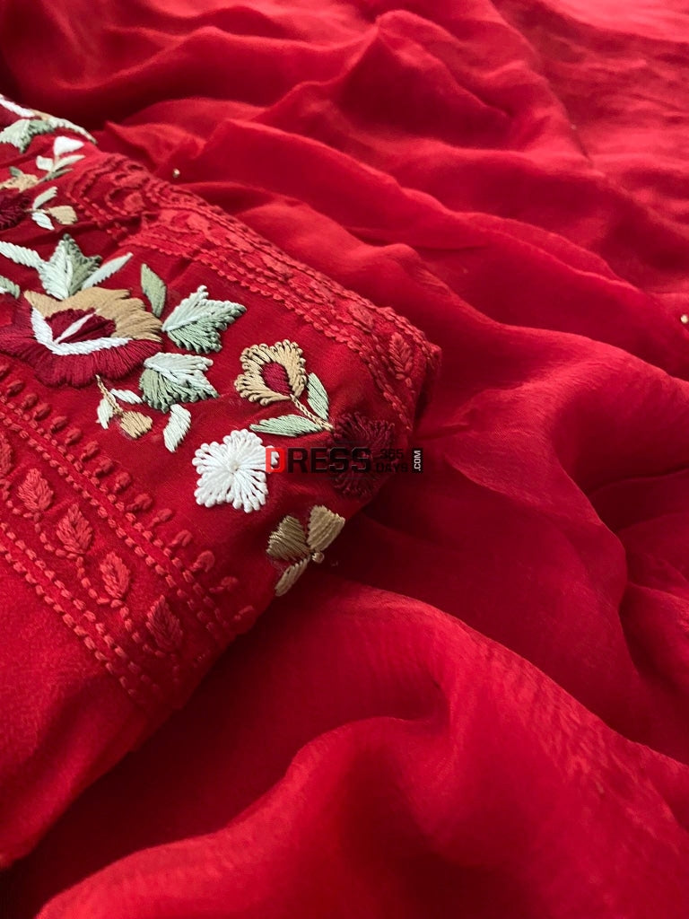 Red Chikankari Parsi Gara Neckline Kurta Dupatta Set Suits