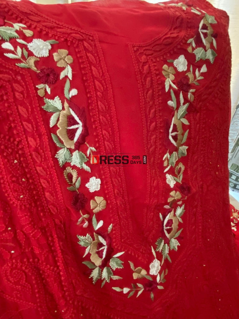 Red Chikankari Parsi Gara Neckline Kurta Dupatta Set Suits