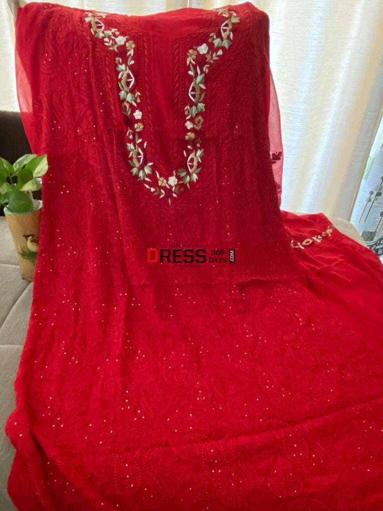 Red Chikankari Parsi Gara Neckline Kurta Dupatta Set Suits