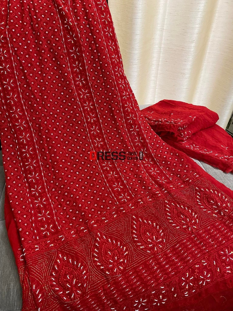 Red Chikankari Pearl Kurta Dupatta Set Suits