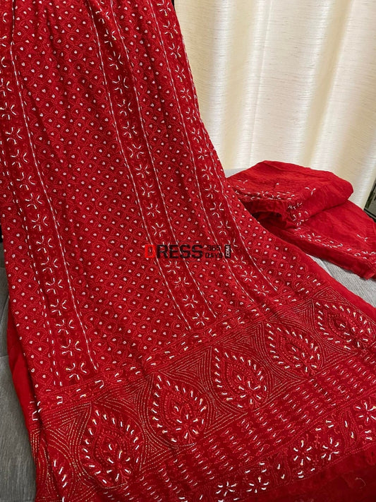 Red Chikankari Pearl Kurta Dupatta Set Suits